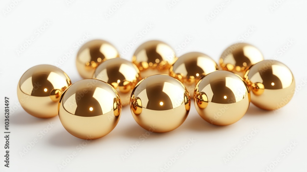 A set of shiny golden baubles with a reflective surface, arranged in a scattered pattern on a white background, creating a simple yet festive atmosphere. A set of shiny golden baubles with a reflective surface, arranged in a scattered pattern on a white background, creating a simple yet festive atmosphere.