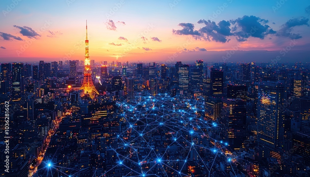 Fototapeta premium Tokyo Cityscape with Illuminated Tower and Network Connections at Twilight