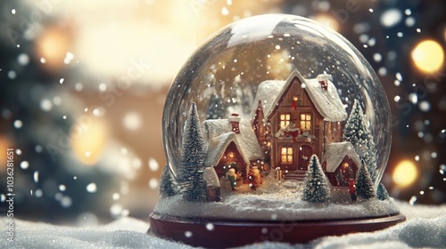 Snow globe Christmas village scene trees houses snow swirling peaceful festive atmosphere. AI generated.