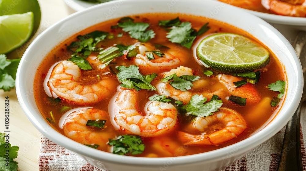 Flavorful Shrimp Soup with Cilantro and Lime Garnish Flavorful Shrimp Soup with Cilantro and Lime Garnish