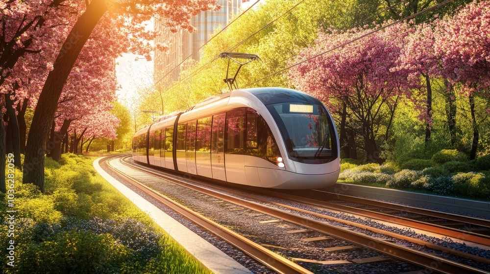 Fototapeta premium A sleek electric train moving through an urban park, surrounded by vibrant trees in spring bloom, with sunlight filtering through.