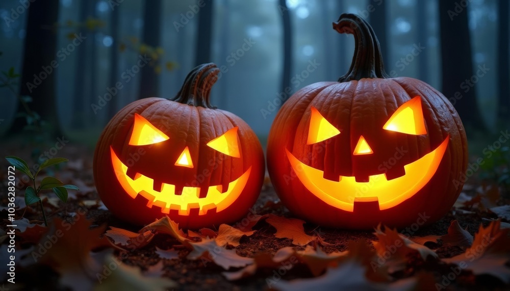 Eerie Halloween pumpkins in a forest setting Eerie Halloween pumpkins in a forest setting