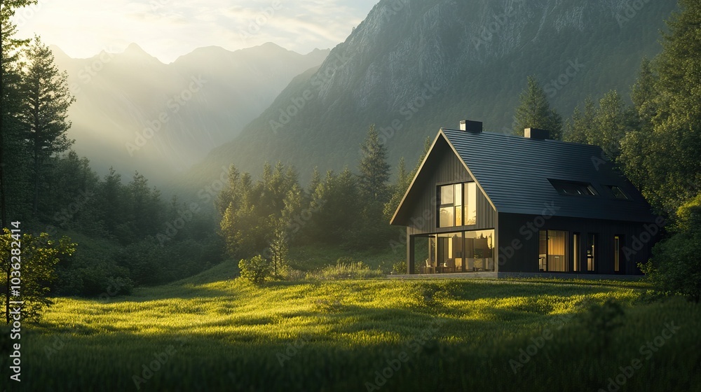 Fototapeta premium Modern Black House in a Mountain Forest