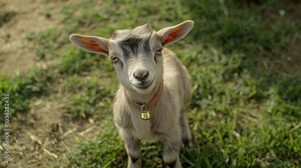 Obraz premium A young goat with a bell around its neck looks up at the camera with a curious expression.