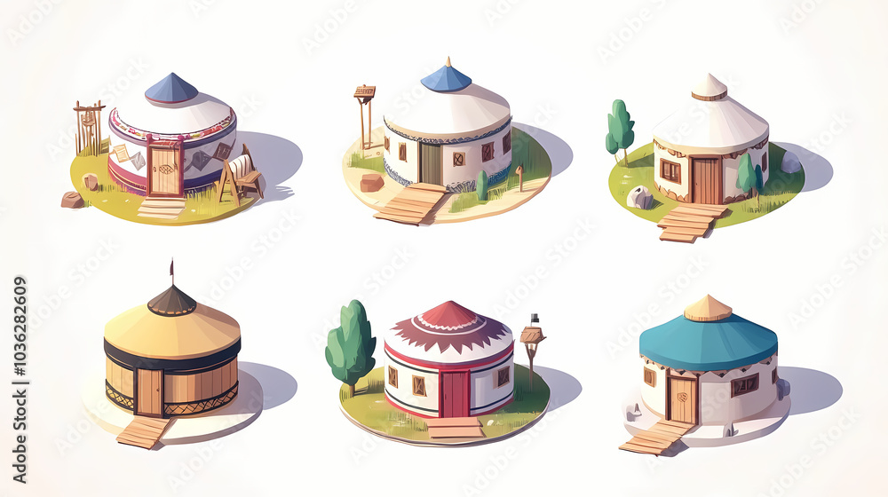 Set of cute yurt house. isometric. 3d cartoon animation style. Mongolian Yurt Village. Illustration Set of cute yurt house. isometric. 3d cartoon animation style. Mongolian Yurt Village. Illustration