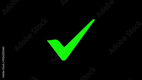Animated flat voting icon with simple motion at alpha png  background. uccess, correct sign.
 White check mark in green circle black background. Check mark icon animation on black background.