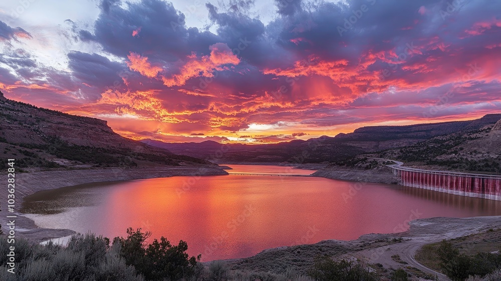 Fototapeta premium Stunning Sunset Over Serene Lake Landscape