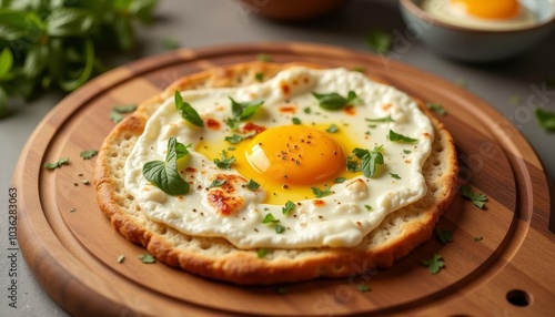  Deliciously cooked sunnysideup egg on a toasted bagel garnished with fresh herbs photo