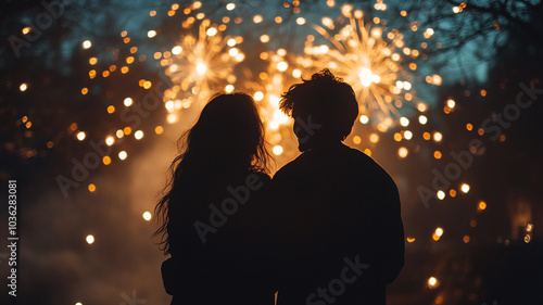 Couple enjoying fireworks on New Year's Eve while embracing in a festive atmosphere