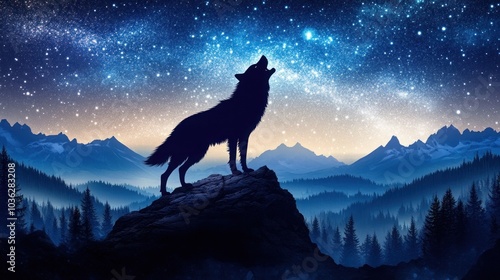 A lone wolf howls at the moon under a starry night sky.