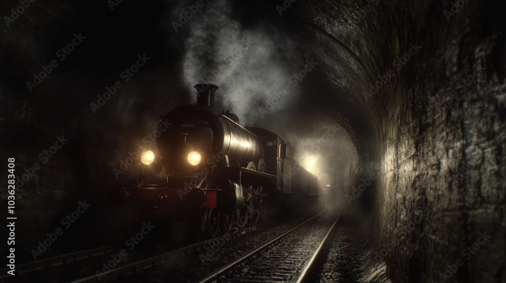 Naklejka premium A steam locomotive traveling through a tunnel, with bright headlights illuminating the stonework and smoke curling around the train.