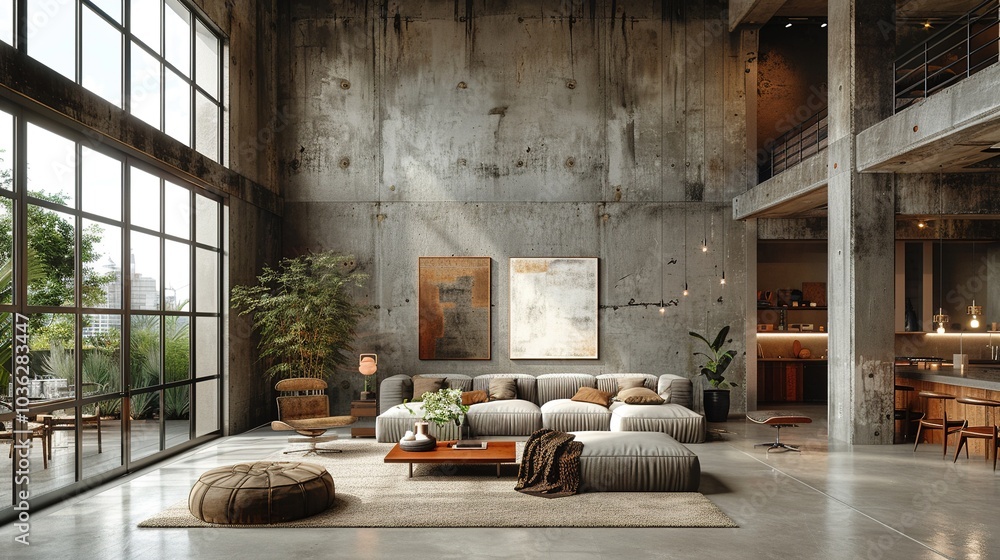 Modern industrial living room with large windows and cozy seating. Modern industrial living room with large windows and cozy seating.