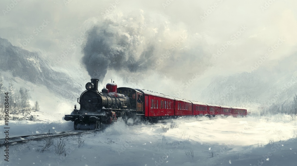 Fototapeta premium A steam train on a snowy winter day, the bright red carriages standing out against the white landscape, with smoke creating a misty effect.