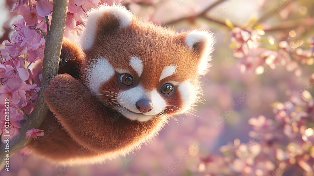Charming 3D Cute Baby Red Panda Hanging from a Pastel Background Charming 3D Cute Baby Red Panda Hanging from a Pastel Background