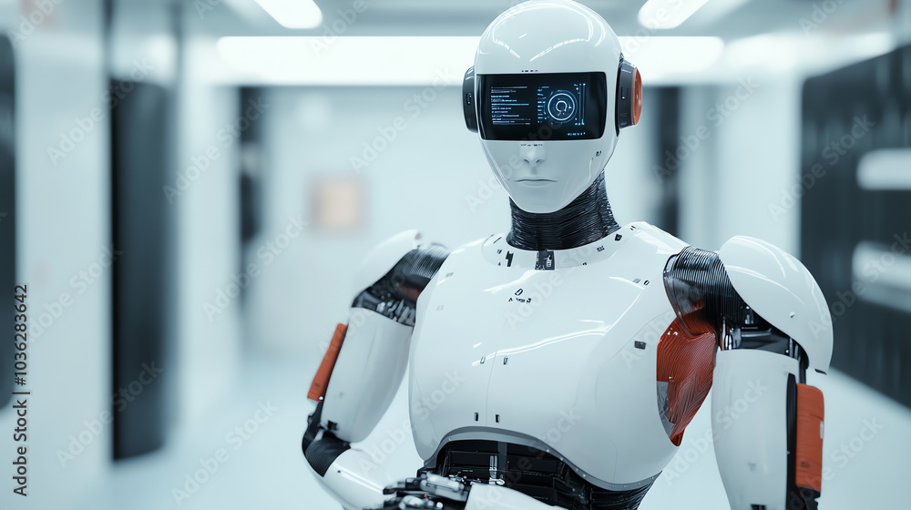A futuristic humanoid robot stands in a modern, high-tech setting, showcasing advanced design and functionality. Ideal for science and innovation themes. A futuristic humanoid robot stands in a modern, high-tech setting, showcasing advanced design and functionality. Ideal for science and innovation themes.