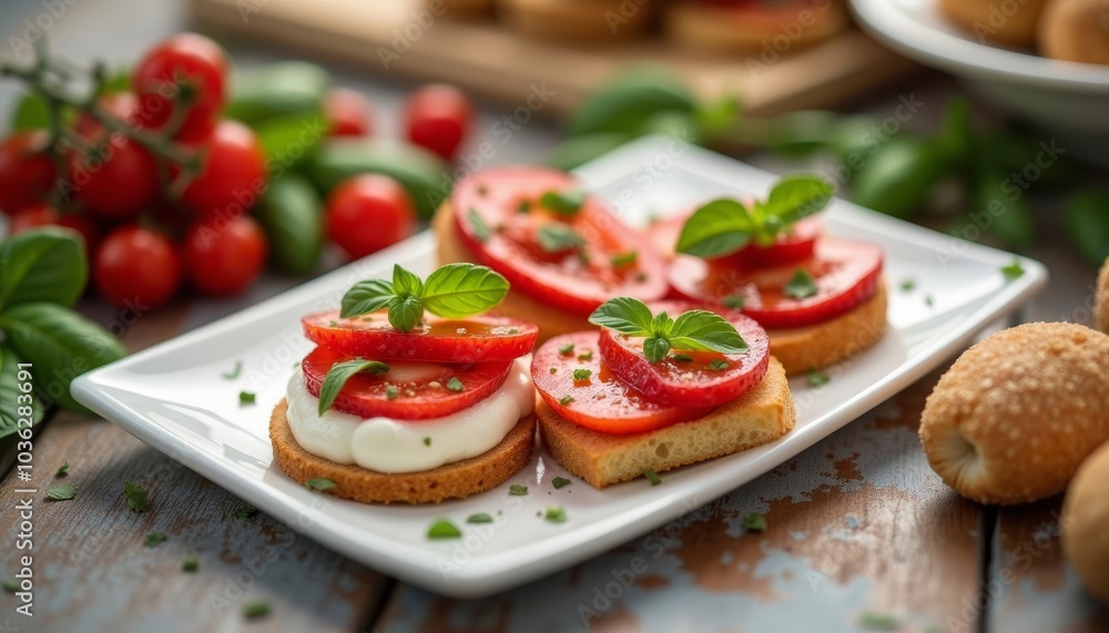 Freshly prepared bruschetta with tomatoes and basil Freshly prepared bruschetta with tomatoes and basil