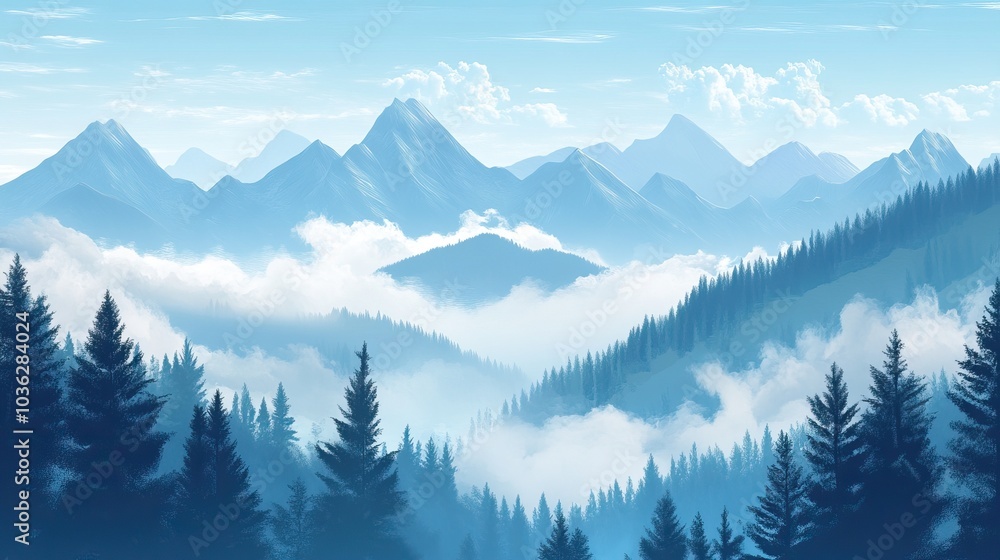 Obraz premium Misty Mountain Landscape with Blue Hues