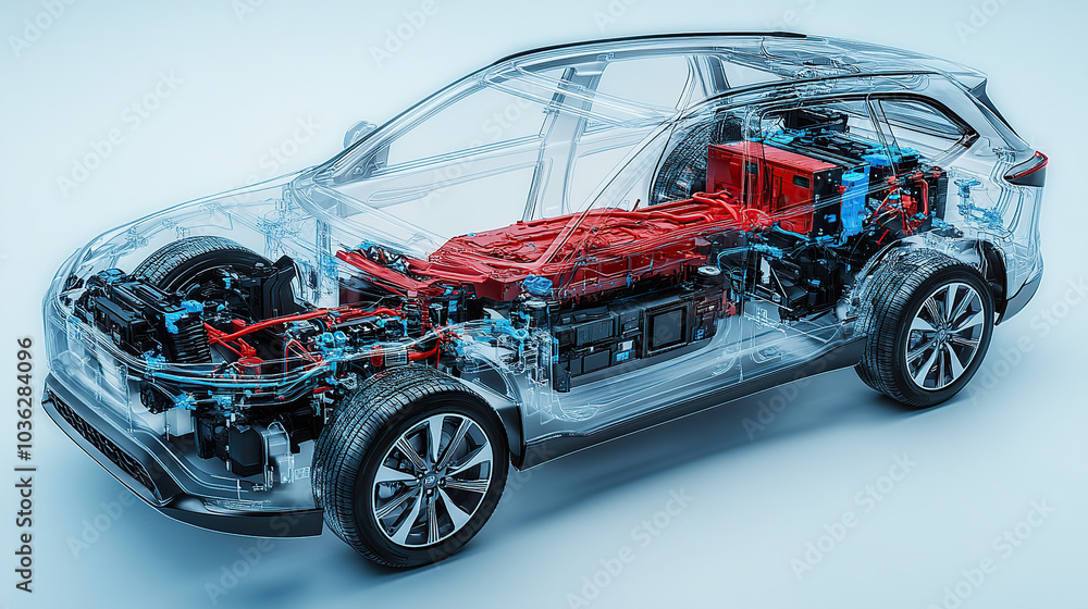 An exploded view of an electric car's engine, showing the various components such as the battery pack and motor inside its transparent shell An exploded view of an electric car's engine, showing the various components such as the battery pack and motor inside its transparent shell