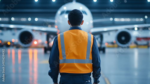 Airplane ground crew member in safety vest overseeing aircraft operations in a modern airport hangar, illuminated by bright overhead lights.