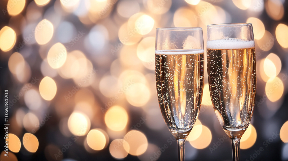 Two sparkling champagne flutes raised in celebration during New Year’s Eve festivities Two sparkling champagne flutes raised in celebration during New Year’s Eve festivities
