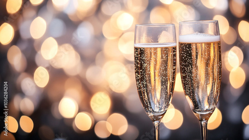 Two sparkling champagne flutes raised in celebration during New Year’s Eve festivities