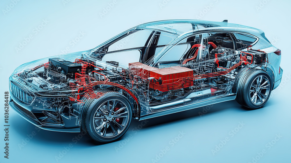 An exploded view of an electric car's engine, showing the various components such as the battery pack and motor inside its transparent shell An exploded view of an electric car's engine, showing the various components such as the battery pack and motor inside its transparent shell