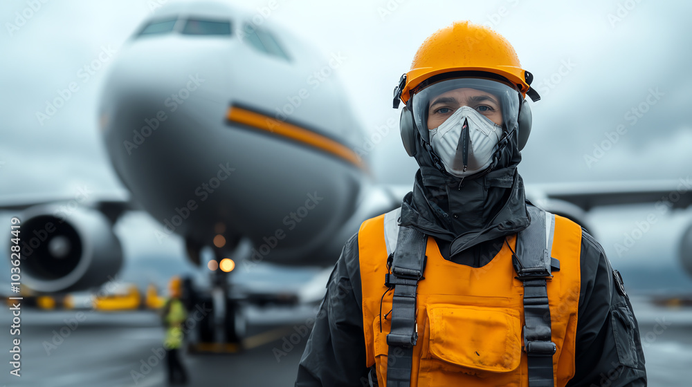 Fototapeta premium A worker in safety gear stands confidently on an airport runway, with an airplane in the background under a cloudy sky.
