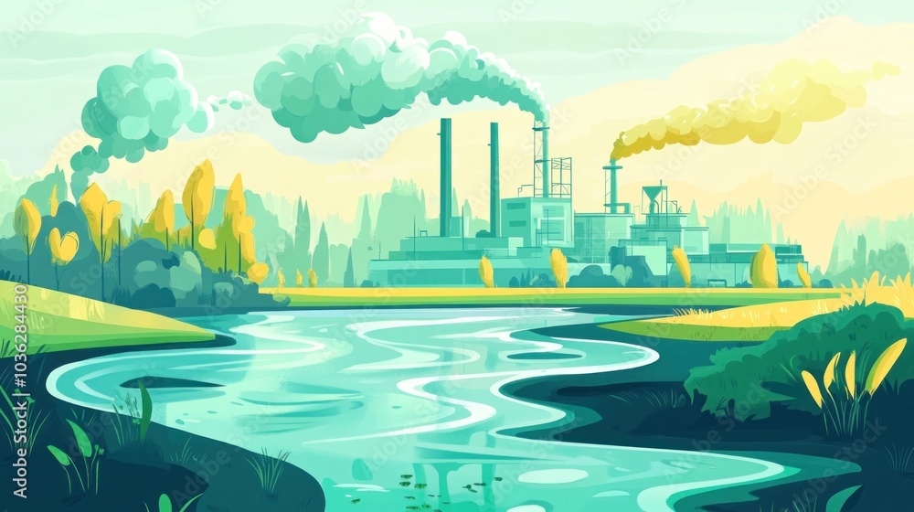Fototapeta premium A stylized industrial landscape with factories, smokestacks, and a serene river.