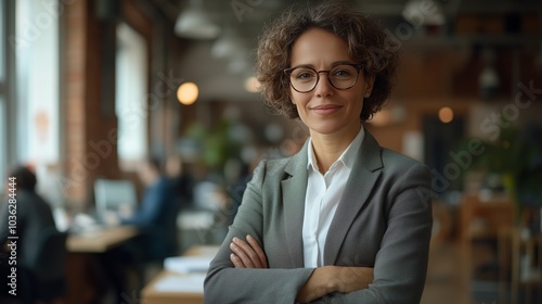 A confident businesswoman stands in an office, arms crossed and smiling at the camera with determination as her team works behind her.