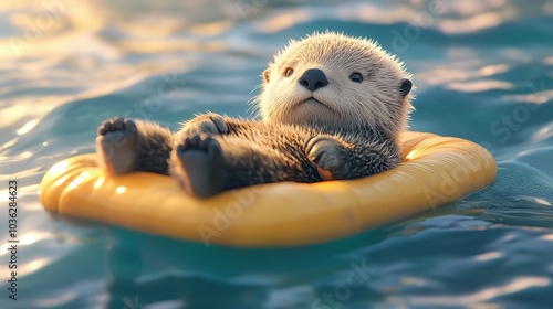 3D Cute Baby Sea Otter Floating on a Pastel Colored Wave for Adorable Ocean Decor