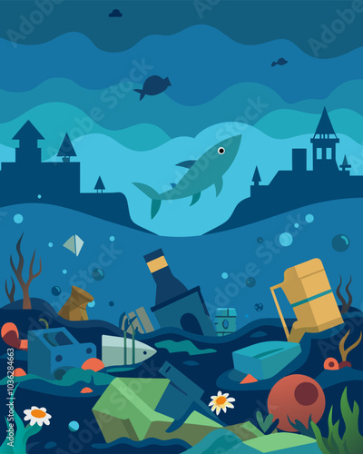 An underwater junkyard a result of careless human actions where a garbage patch has formed choking the ocean.. Vector illustration