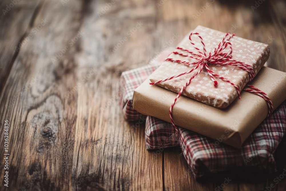 Fototapeta premium Merry Christmas theme ! Christmas presents on rustic wooden table , ai