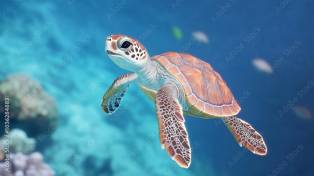 Fototapeta premium 3D Cute Baby Sea Turtle Swimming in a Pastel Colored Ocean Paradise