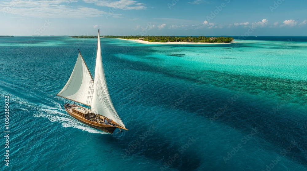 Obraz premium A traditional sailboat with billowing white sails cutting through turquoise waters, heading towards a distant island.