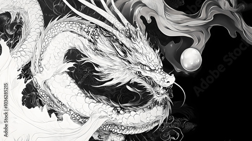 Sumie ink dragon clutching pearl, mystical aura, night, frontal view , clip art, , high-resolution, ultra hd. Winged Serpent. Illustration photo