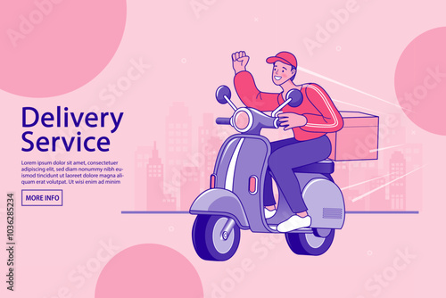 Online delivery service concept. Fast delivery by scooter via mobile phone. Man riding motorcycle. Vector illustration.