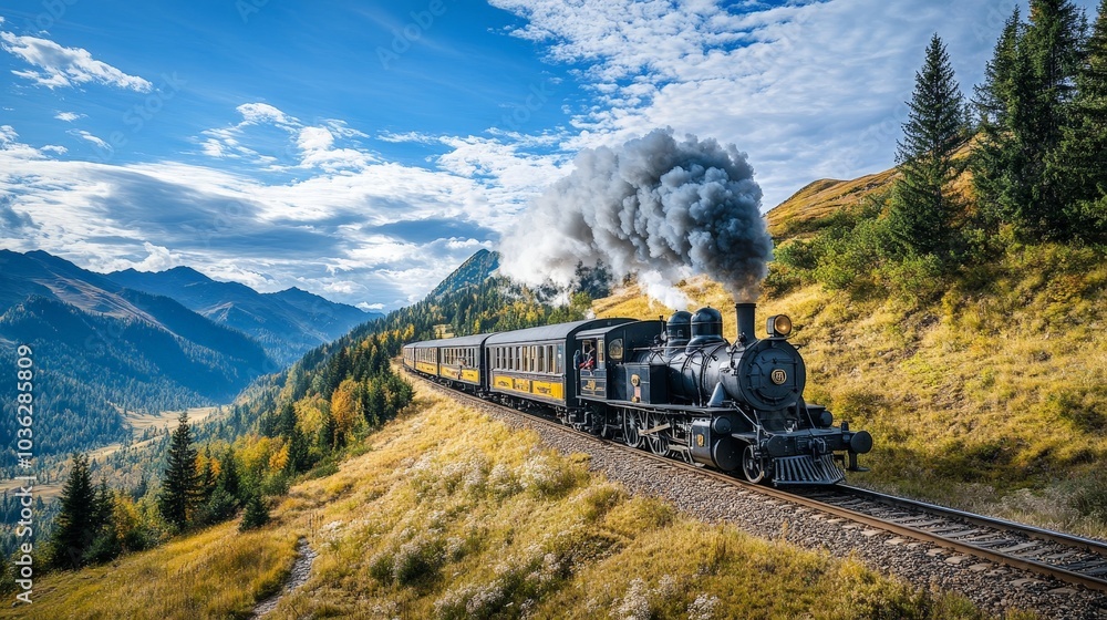 Obraz premium A vintage locomotive traveling along a winding track through a scenic valley, with puffs of steam rising into the blue sky.
