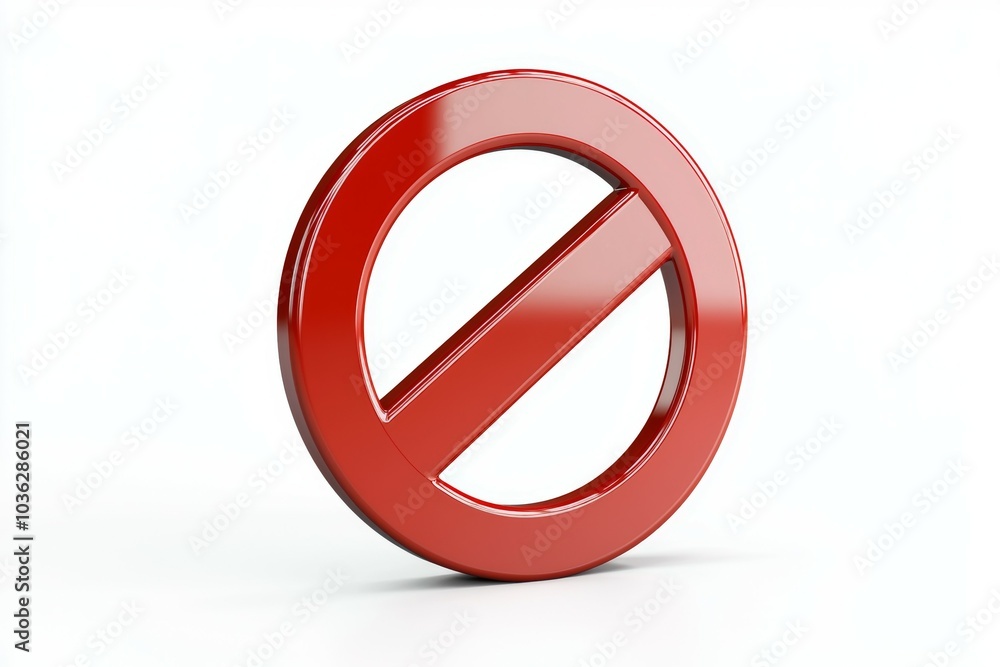 Red prohibition sign displayed prominently against a plain white background, symbolizing restriction or ban Red prohibition sign displayed prominently against a plain white background, symbolizing restriction or ban