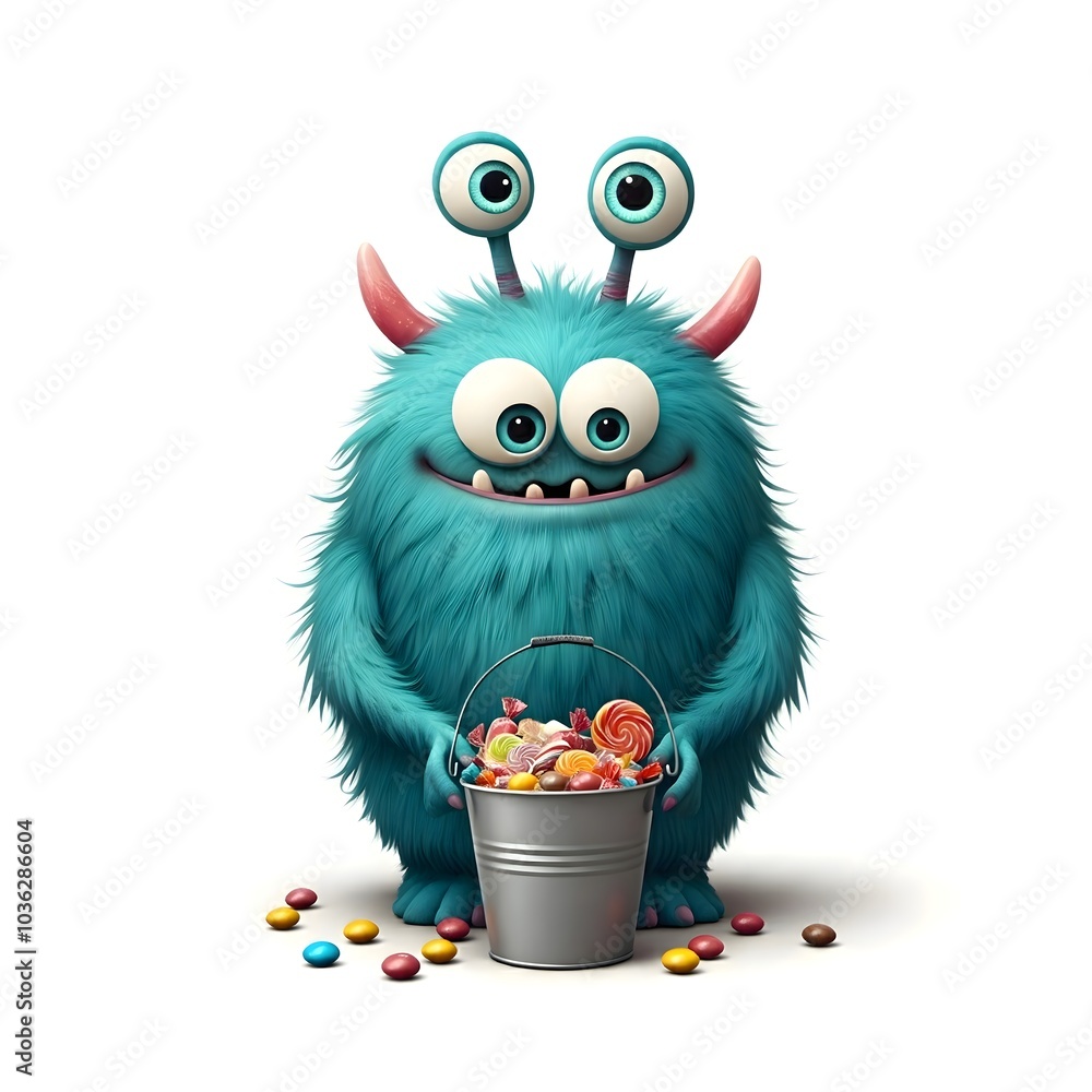Cheerful Furry Monster Holding Candy Bucket on White Background Cheerful Furry Monster Holding Candy Bucket on White Background