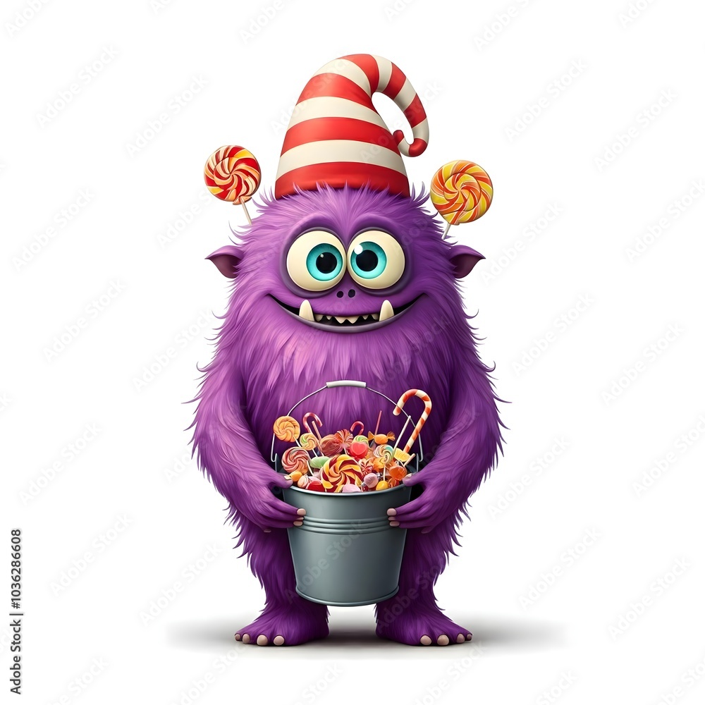Playful Purple Monster with Candy Bucket and Festive Hat Playful Purple Monster with Candy Bucket and Festive Hat