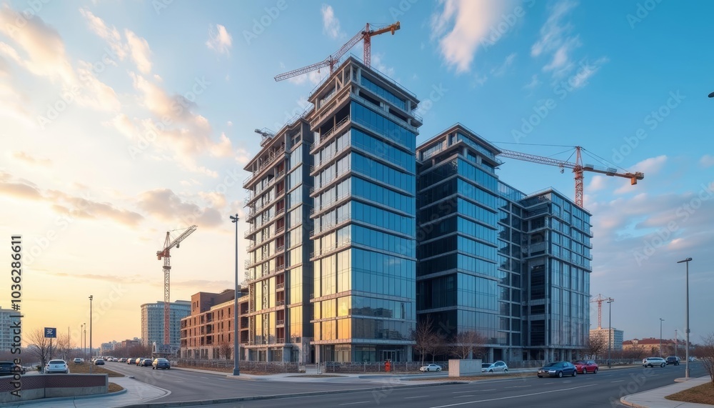 Modern architecture under construction at sunset Modern architecture under construction at sunset