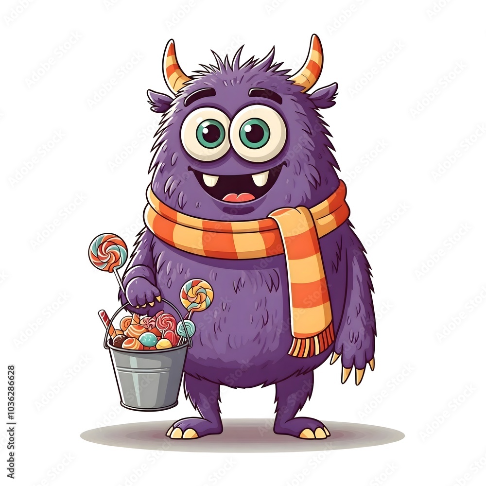 Adorable Purple Monster with Candies and Striped Scarf Adorable Purple Monster with Candies and Striped Scarf