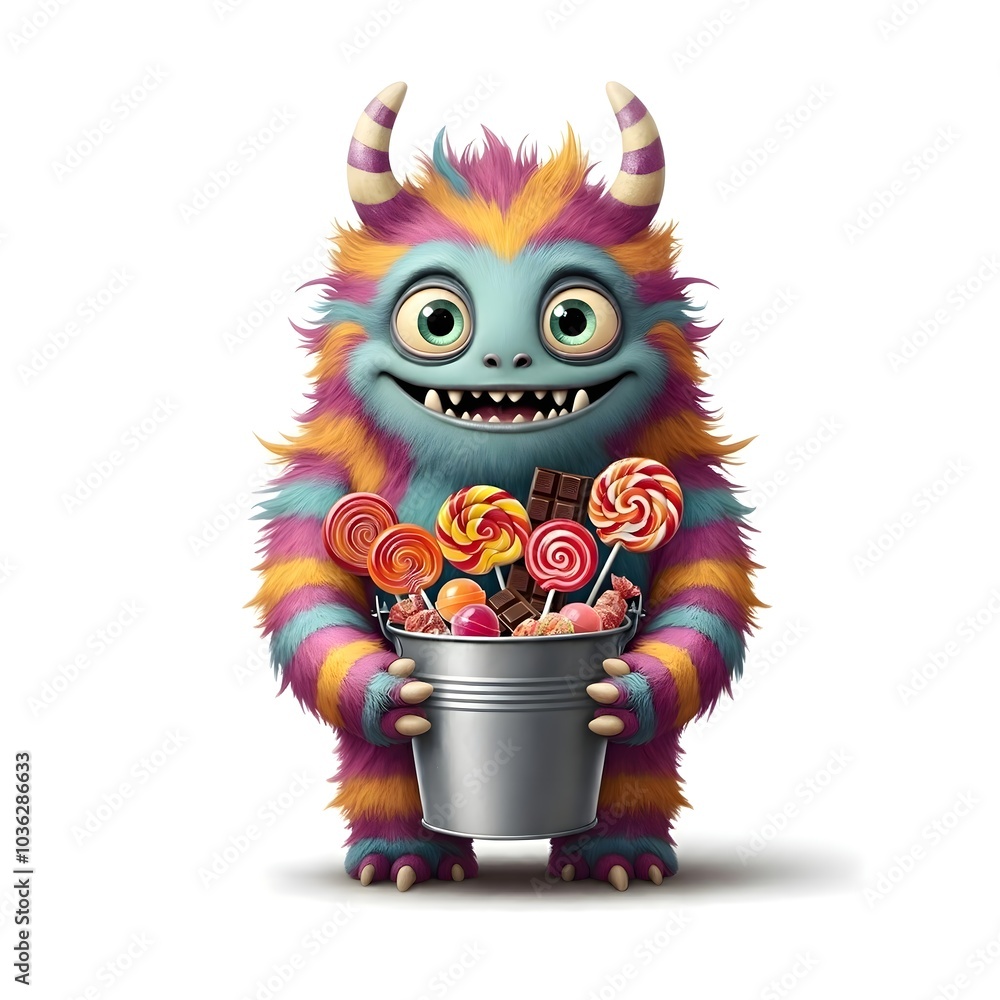 Colorful Furry Monster Holding Bucket of Candy and Lollipops Colorful Furry Monster Holding Bucket of Candy and Lollipops
