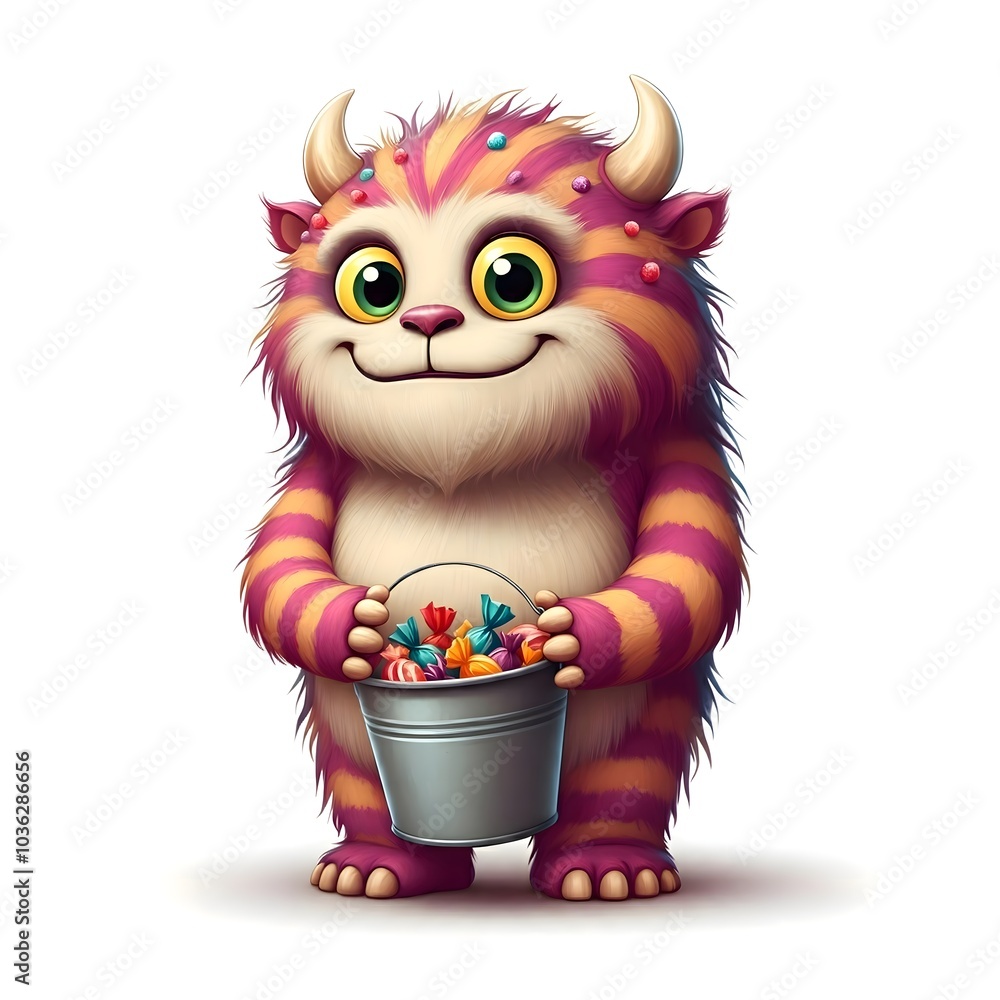 Colorful Striped Monster Holding a Bucket of Sweets Colorful Striped Monster Holding a Bucket of Sweets