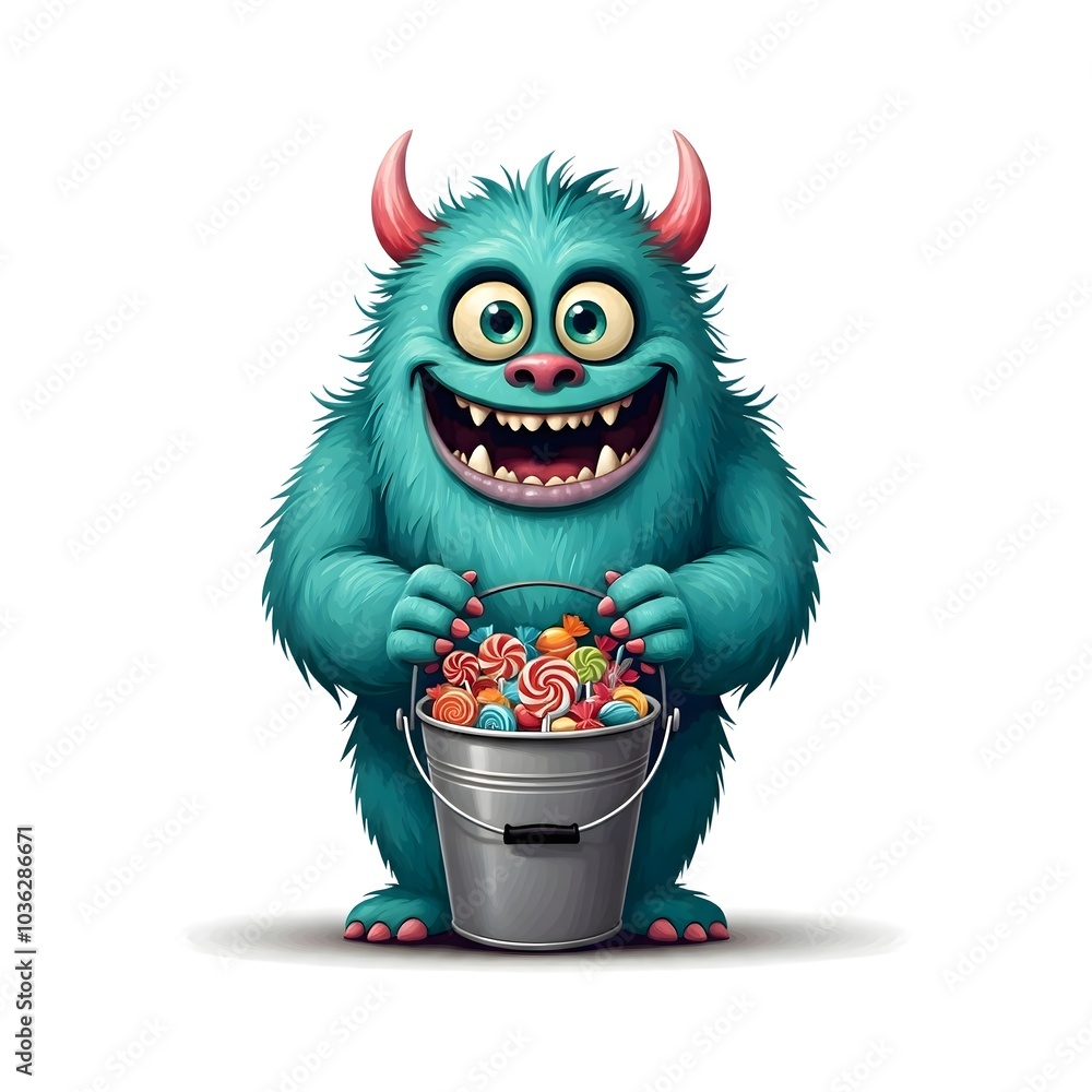 Playful Furry Monster Enjoying a Bucket Full of Colorful Candy Playful Furry Monster Enjoying a Bucket Full of Colorful Candy