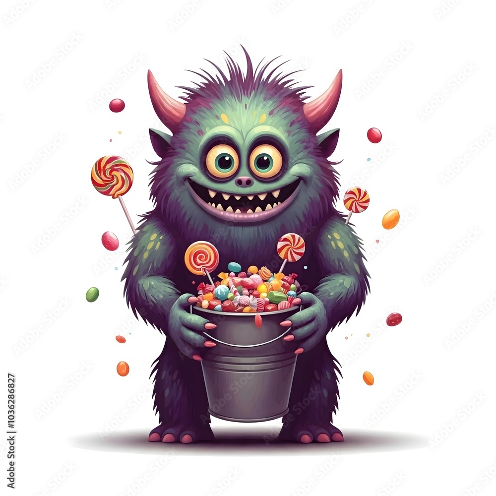 Playful monster enjoying a vibrant assortment of sugary treats Playful monster enjoying a vibrant assortment of sugary treats