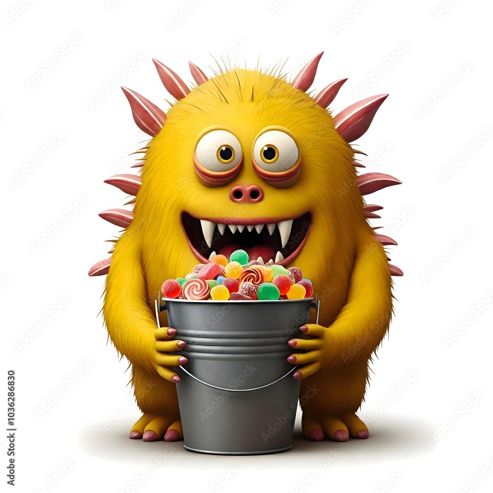 Adorable Yellow Monster Holding Candy Bucket with Big Smile Adorable Yellow Monster Holding Candy Bucket with Big Smile