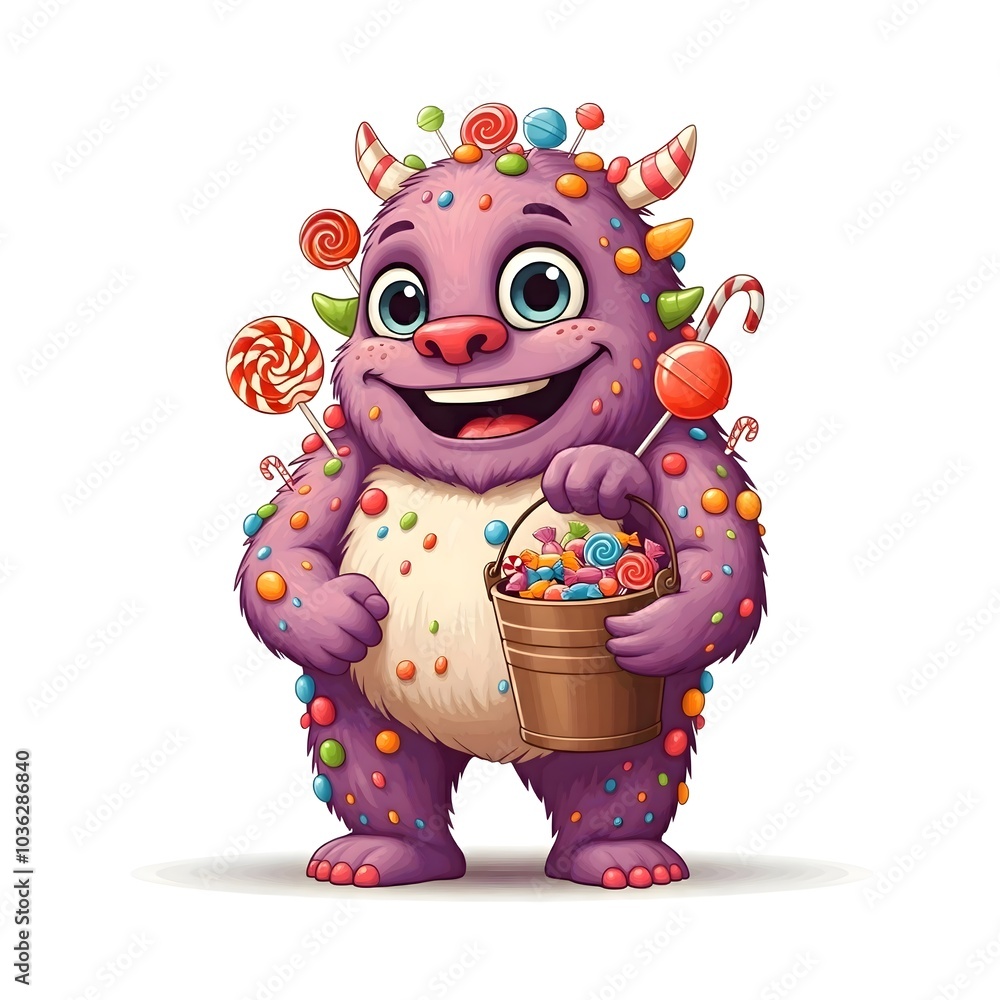 Cheerful Candy Monster Holding a Bucket of Sweet Treats Cheerful Candy Monster Holding a Bucket of Sweet Treats