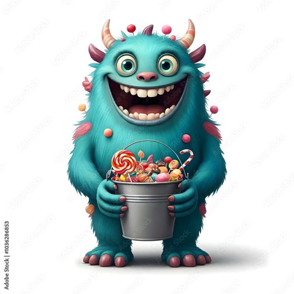 Playful Monster Holding a Bucket of Candy with a Joyful Smile Playful Monster Holding a Bucket of Candy with a Joyful Smile