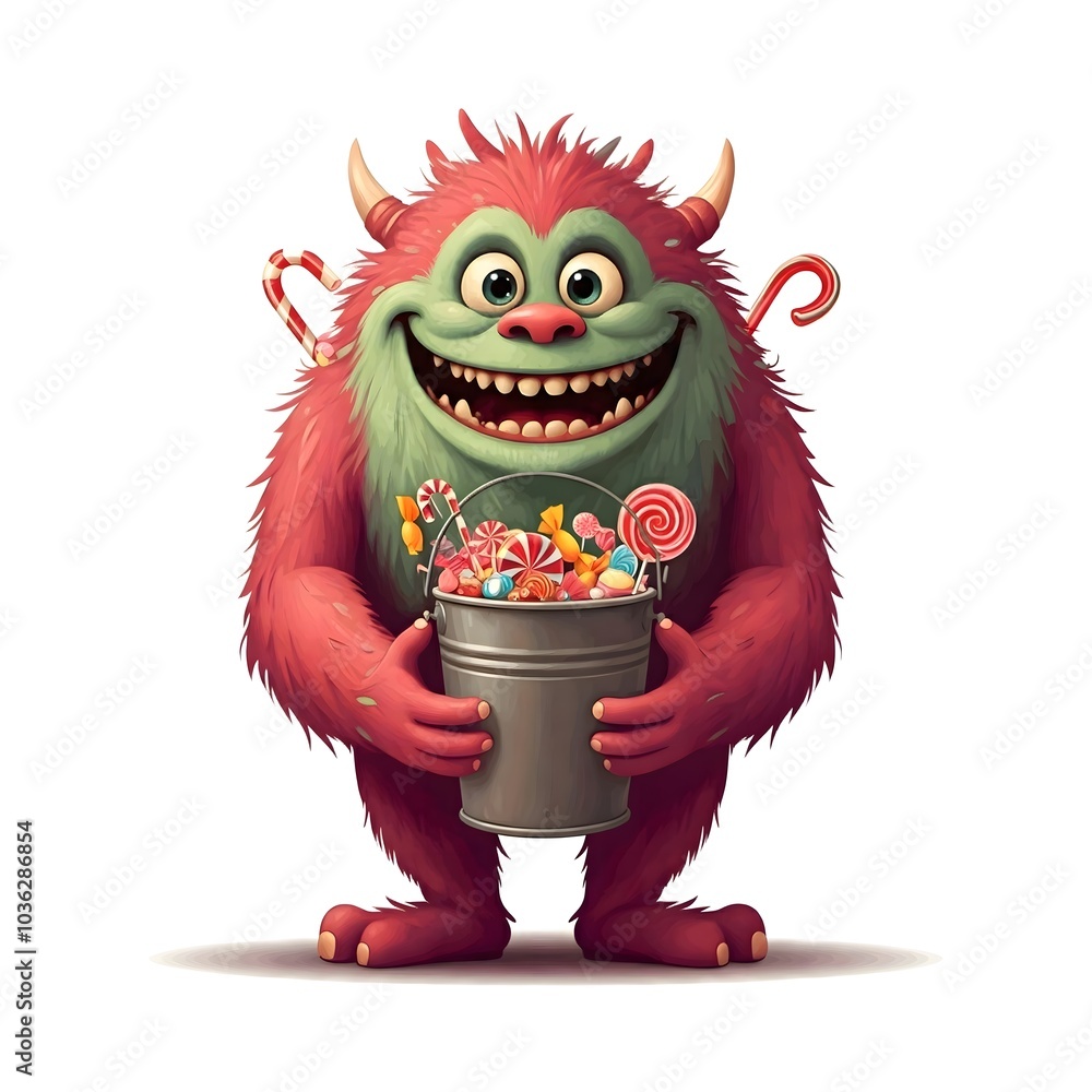Joyful monster with a bucket full of various colorful candies Joyful monster with a bucket full of various colorful candies